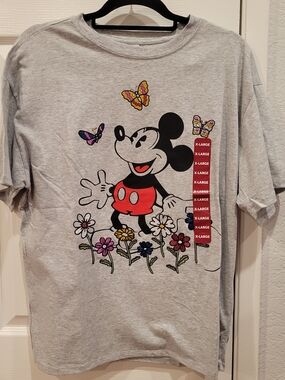 Disney Gray Mickey Mouse Tee with Red & Multicolor Floral Detail
